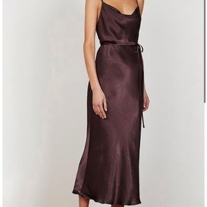 Dark brown slip dress with small thin silk tie around waist